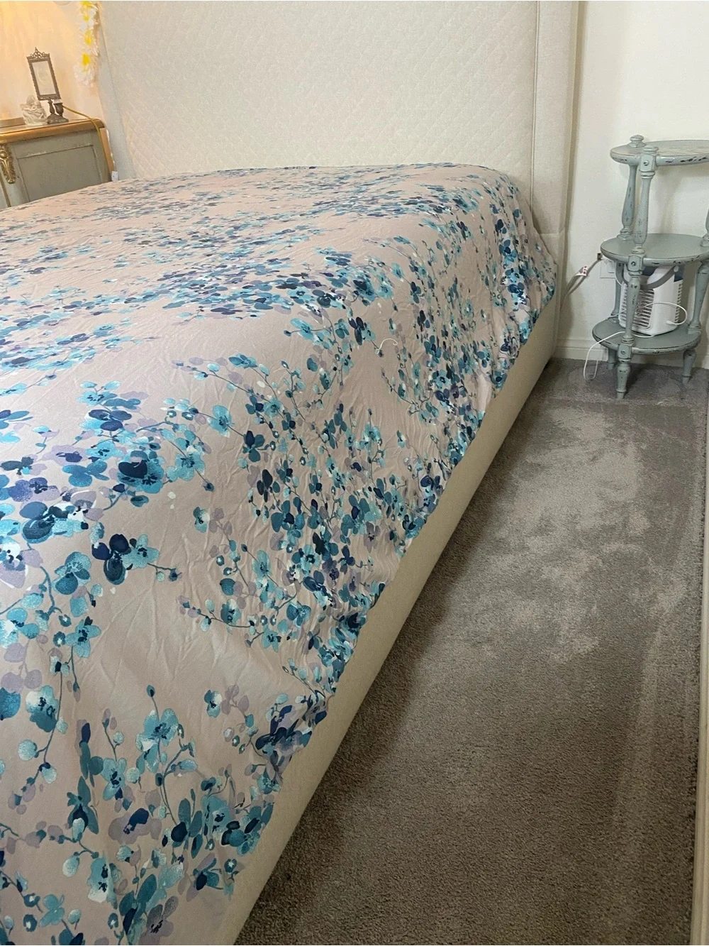 Floral Teal blue and turquoise flowers on a grey background Duvet Cover